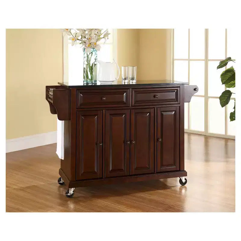 Desserte/Îlot de cuisine Crosley avec dessus en granit noir massif - Acajou vintage : Rangement roulant, porte-serviettes, 4 portes