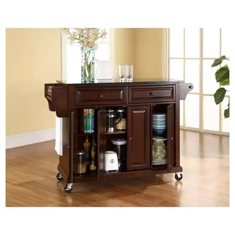 Desserte/Îlot de cuisine Crosley avec dessus en granit noir massif - Acajou vintage : Rangement roulant, porte-serviettes, 4 portes