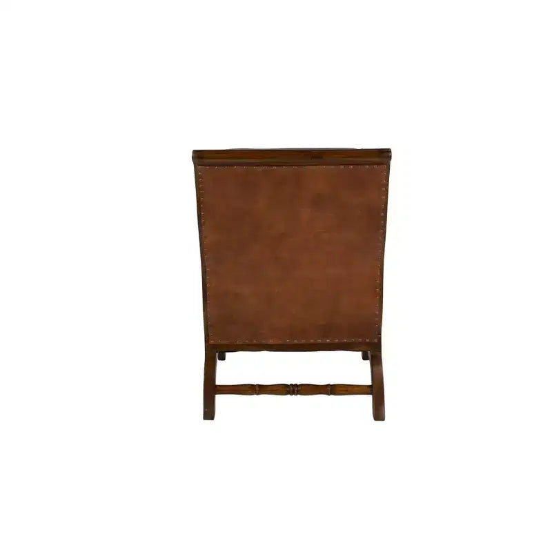 Fauteuil d'appoint traditionnel en bois de teck avec accoudoirs et pouf marron - Olivia & May : Revêtement en cuir, aucun assemblage requis