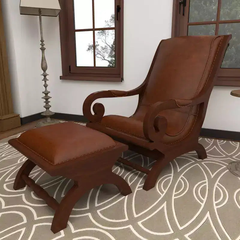 Fauteuil d'appoint traditionnel en bois de teck avec accoudoirs et pouf marron - Olivia & May : Revêtement en cuir, aucun assemblage requis