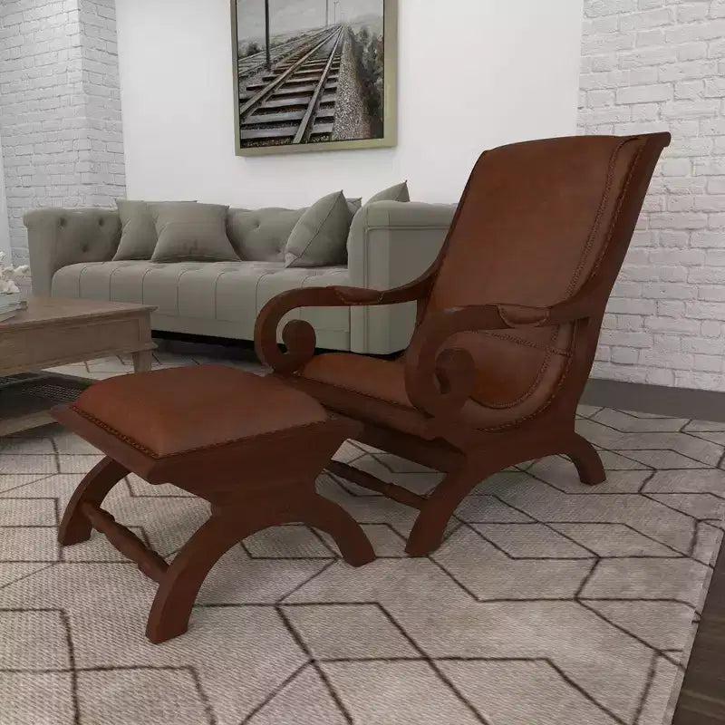 Fauteuil d'appoint traditionnel en bois de teck avec accoudoirs et pouf marron - Olivia & May : Revêtement en cuir, aucun assemblage requis