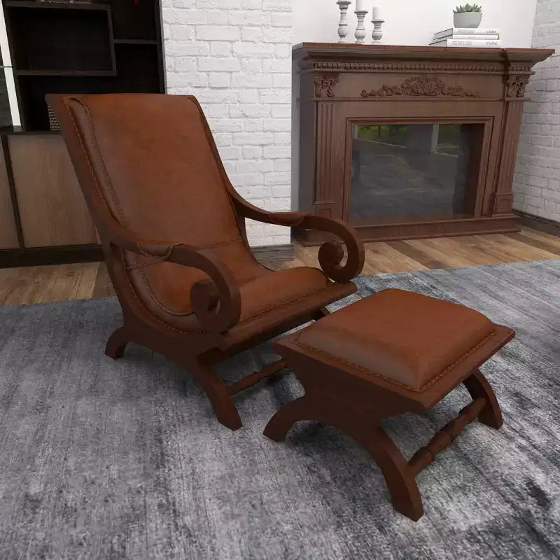 Fauteuil d'appoint traditionnel en bois de teck avec accoudoirs et pouf marron - Olivia & May : Revêtement en cuir, aucun assemblage requis