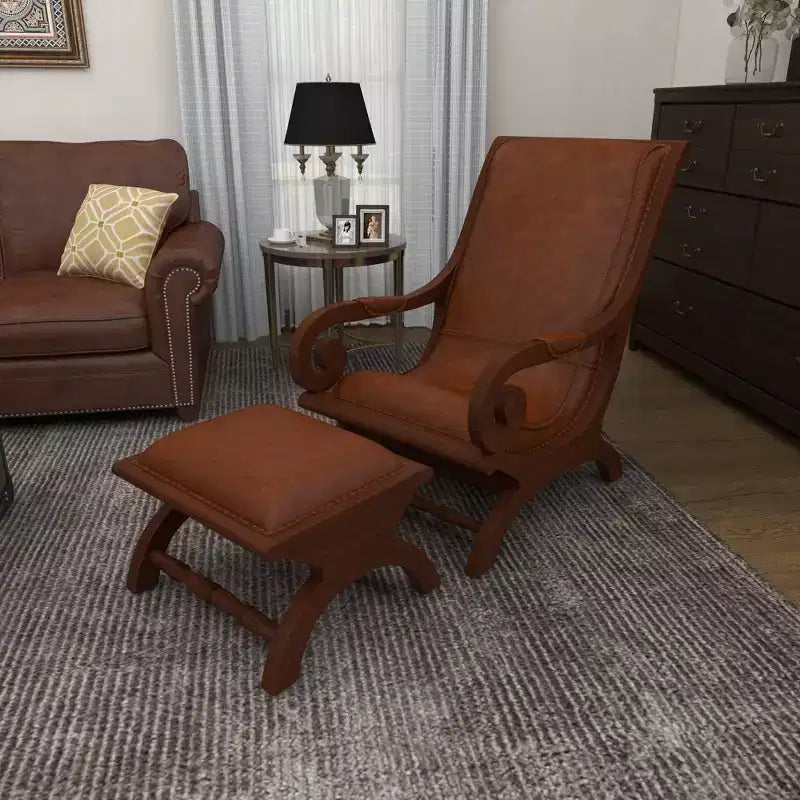 Fauteuil d'appoint traditionnel en bois de teck avec accoudoirs et pouf marron - Olivia & May : Revêtement en cuir, aucun assemblage requis