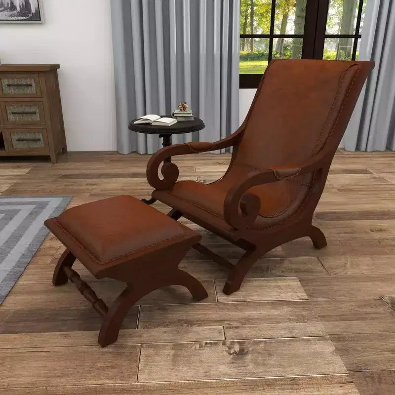 Fauteuil d'appoint traditionnel en bois de teck avec accoudoirs et pouf marron - Olivia & May : Revêtement en cuir, aucun assemblage requis