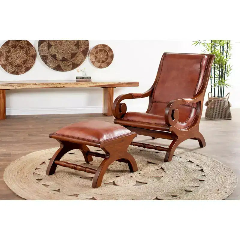 Fauteuil d'appoint traditionnel en bois de teck avec accoudoirs et pouf marron - Olivia & May : Revêtement en cuir, aucun assemblage requis