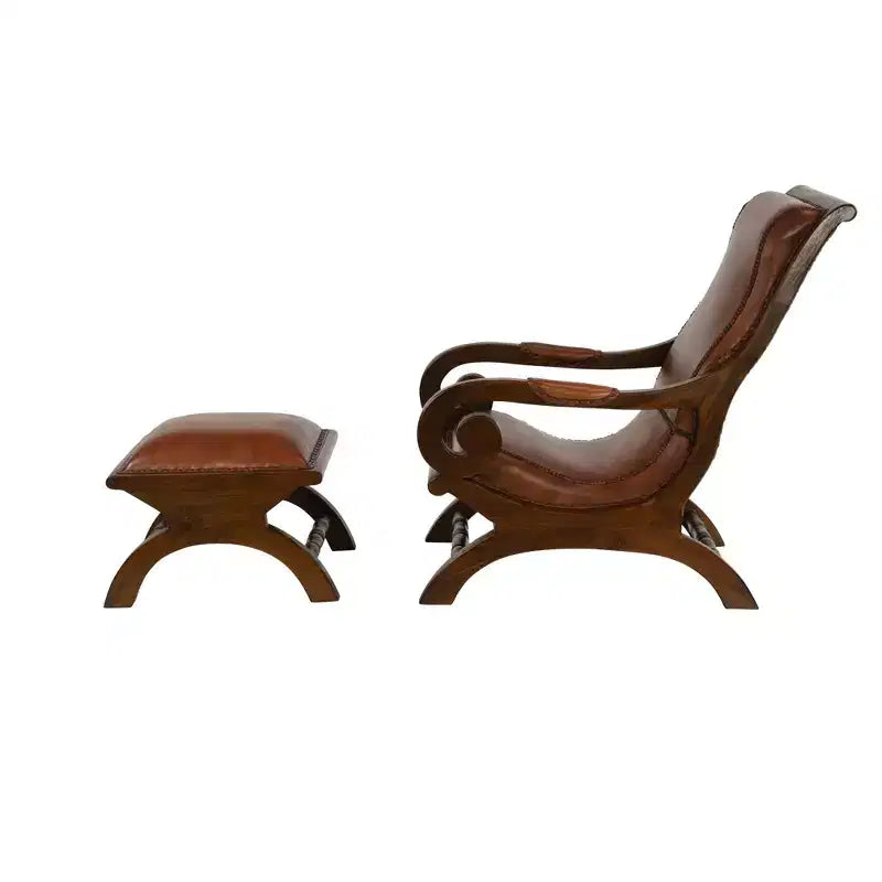Fauteuil d'appoint traditionnel en bois de teck avec accoudoirs et pouf marron - Olivia & May : Revêtement en cuir, aucun assemblage requis