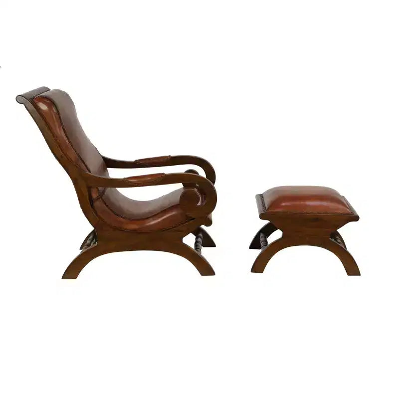 Fauteuil d'appoint traditionnel en bois de teck avec accoudoirs et pouf marron - Olivia & May : Revêtement en cuir, aucun assemblage requis