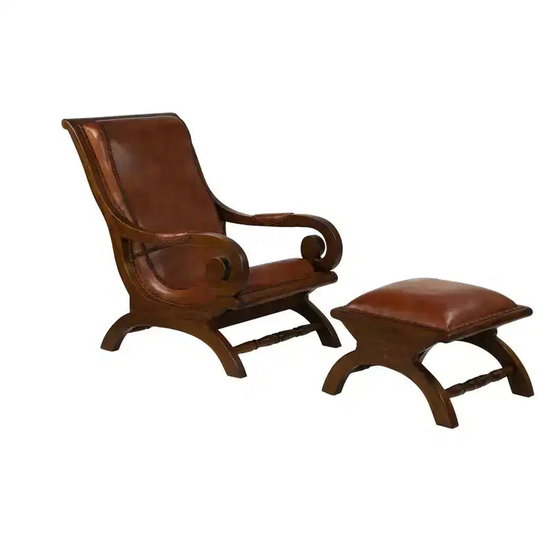 Fauteuil d'appoint traditionnel en bois de teck avec accoudoirs et pouf marron - Olivia & May : Revêtement en cuir, aucun assemblage requis