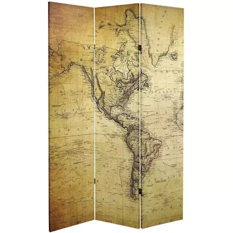 Paravent toile double face 6" motif carte du monde vintage Beige - Oriental Furniture : cadre en bois d'épicéa, aucun assemblage requis