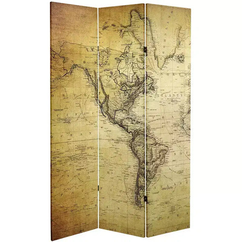 Paravent toile double face 6" motif carte du monde vintage Beige - Oriental Furniture : cadre en bois d'épicéa, aucun assemblage requis