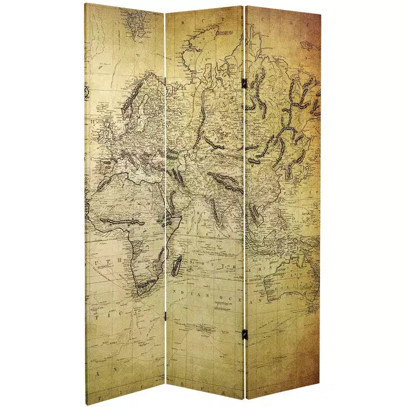 Paravent toile double face 6" motif carte du monde vintage Beige - Oriental Furniture : cadre en bois d'épicéa, aucun assemblage requis