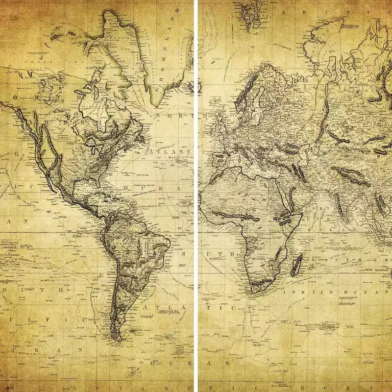 Paravent toile double face 6" motif carte du monde vintage Beige - Oriental Furniture : cadre en bois d'épicéa, aucun assemblage requis