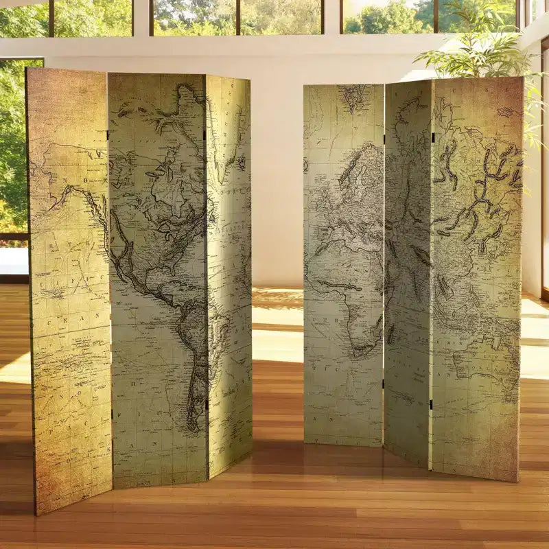 Paravent toile double face 6" motif carte du monde vintage Beige - Oriental Furniture : cadre en bois d'épicéa, aucun assemblage requis