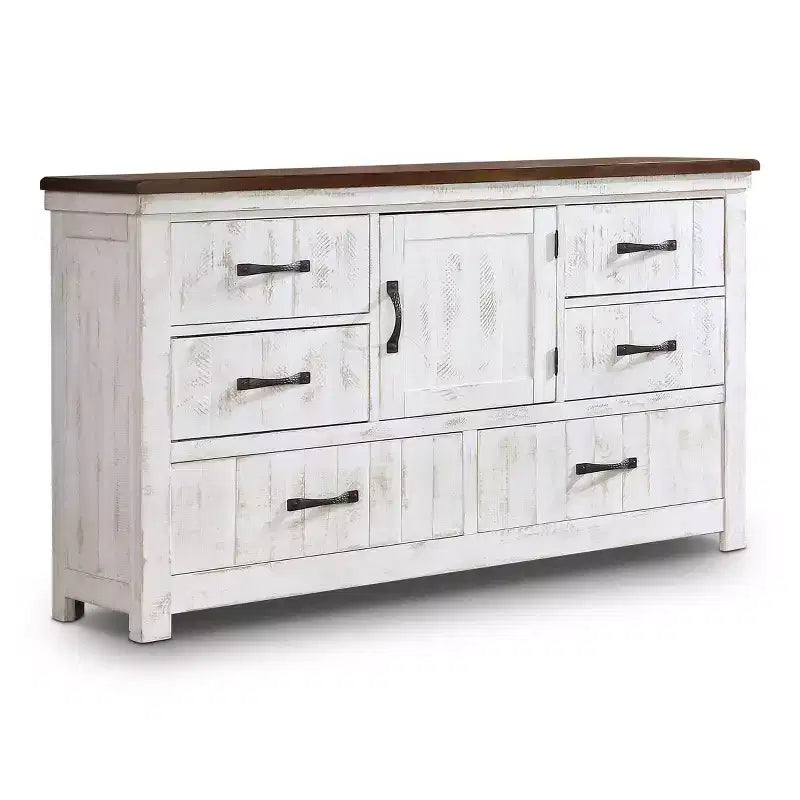 Commode à 6 tiroirs rustique Willow, blanc vieilli/noyer - HOMES: Inside + Out : Armoire de rangement de style antique