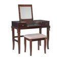 Angela Traditional Wood Flip-up Mirror 2 Drawer Vanity and Cream Upholstered Stool Walnut - Linon
