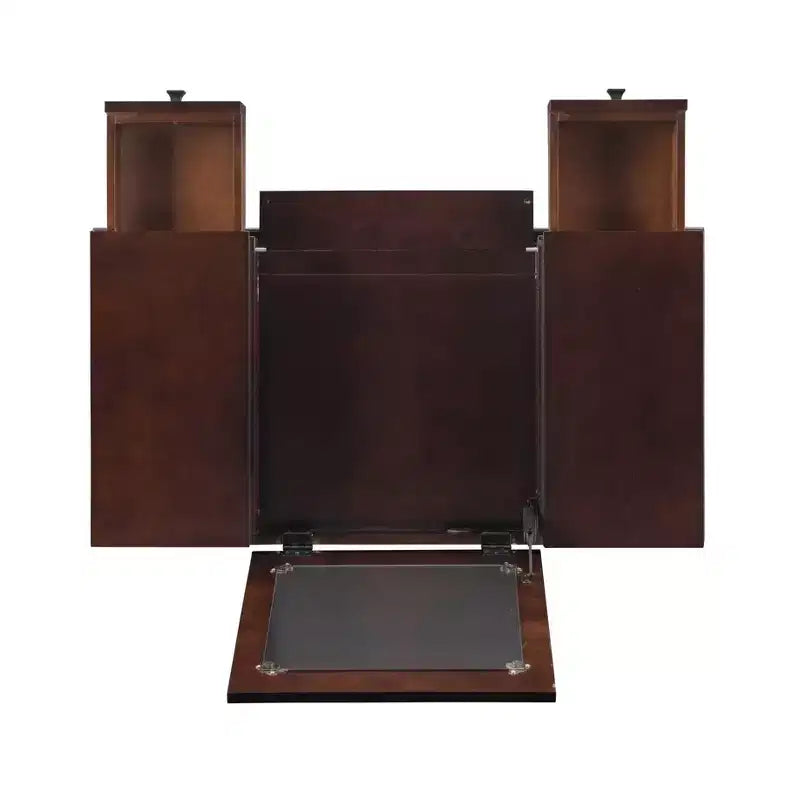 Angela Coiffeuse avec miroir relevable, 2 tiroirs et tabouret rembourré crème, bois traditionnel, Noyer - Linon