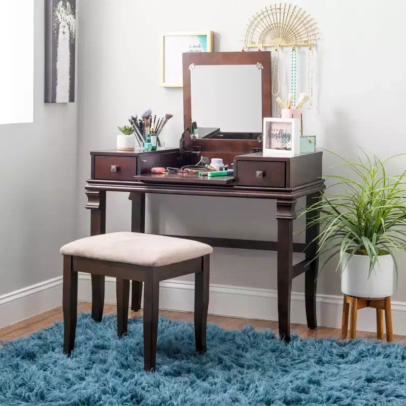 Angela Coiffeuse avec miroir relevable, 2 tiroirs et tabouret rembourré crème, bois traditionnel, Noyer - Linon