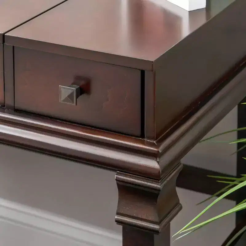 Angela Coiffeuse avec miroir relevable, 2 tiroirs et tabouret rembourré crème, bois traditionnel, Noyer - Linon