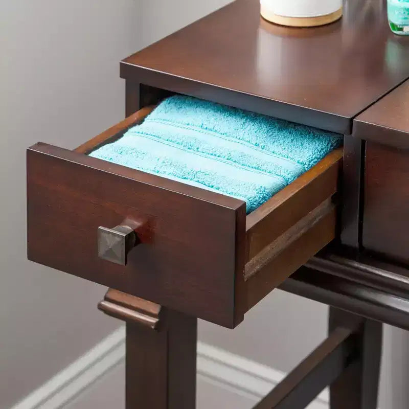 Angela Coiffeuse avec miroir relevable, 2 tiroirs et tabouret rembourré crème, bois traditionnel, Noyer - Linon