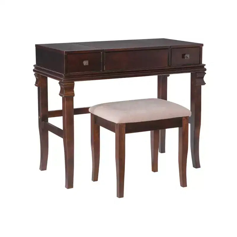 Angela Coiffeuse avec miroir relevable, 2 tiroirs et tabouret rembourré crème, bois traditionnel, Noyer - Linon