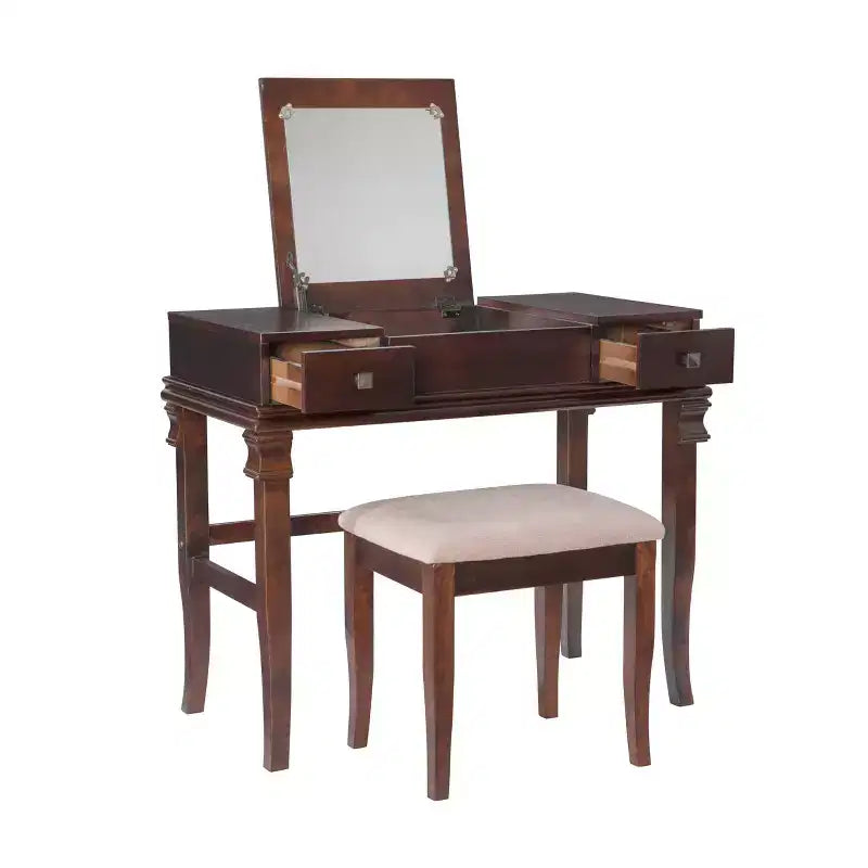 Angela Coiffeuse avec miroir relevable, 2 tiroirs et tabouret rembourré crème, bois traditionnel, Noyer - Linon