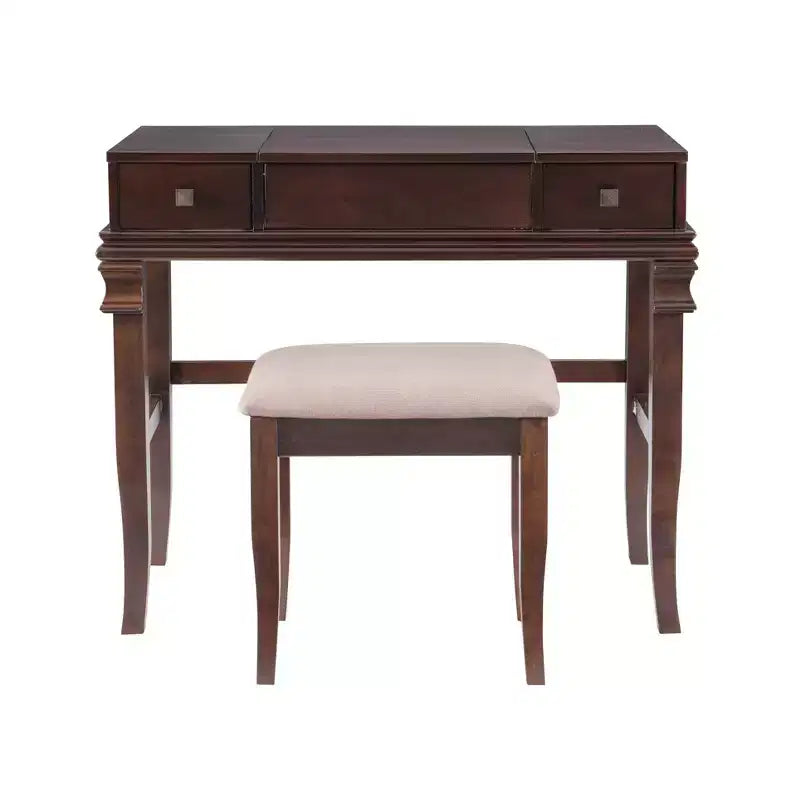 Angela Coiffeuse avec miroir relevable, 2 tiroirs et tabouret rembourré crème, bois traditionnel, Noyer - Linon