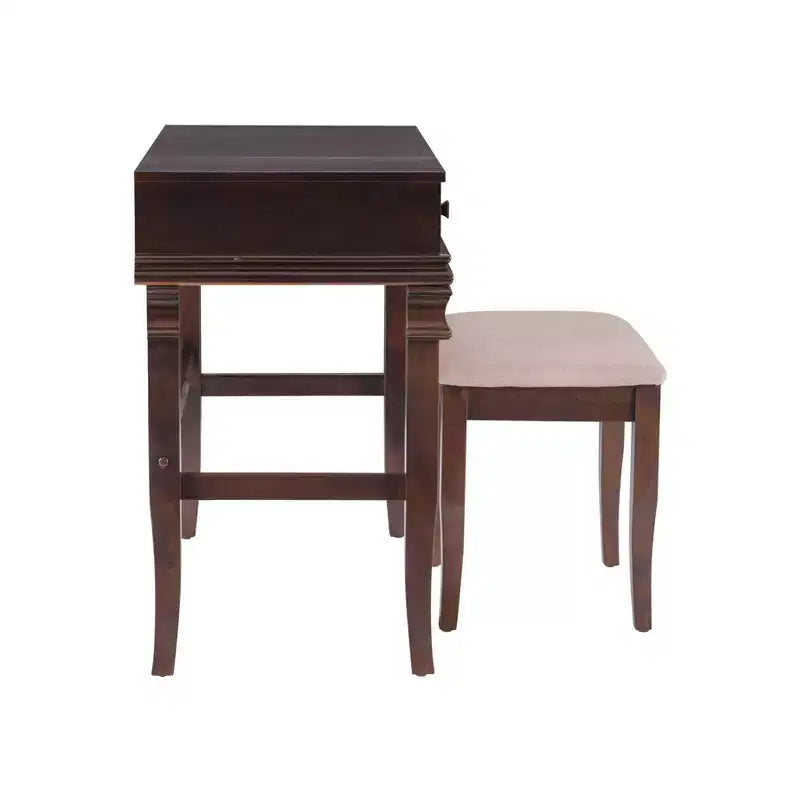 Angela Coiffeuse avec miroir relevable, 2 tiroirs et tabouret rembourré crème, bois traditionnel, Noyer - Linon