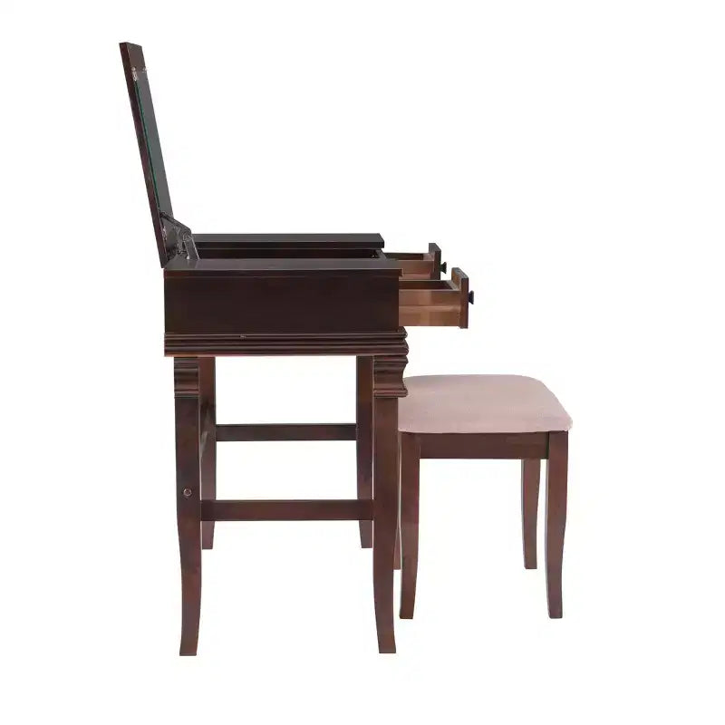 Angela Coiffeuse avec miroir relevable, 2 tiroirs et tabouret rembourré crème, bois traditionnel, Noyer - Linon