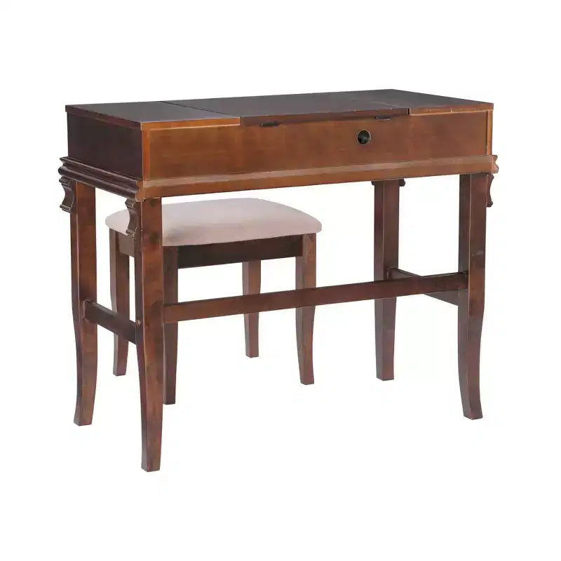 Angela Coiffeuse avec miroir relevable, 2 tiroirs et tabouret rembourré crème, bois traditionnel, Noyer - Linon