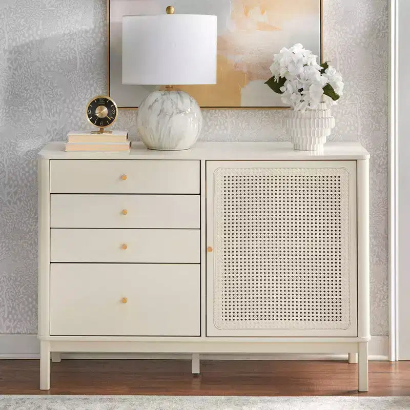 Commode à 4 tiroirs et 1 porte en rotin synthétique Lifestorey Bayview, couleur ivoire