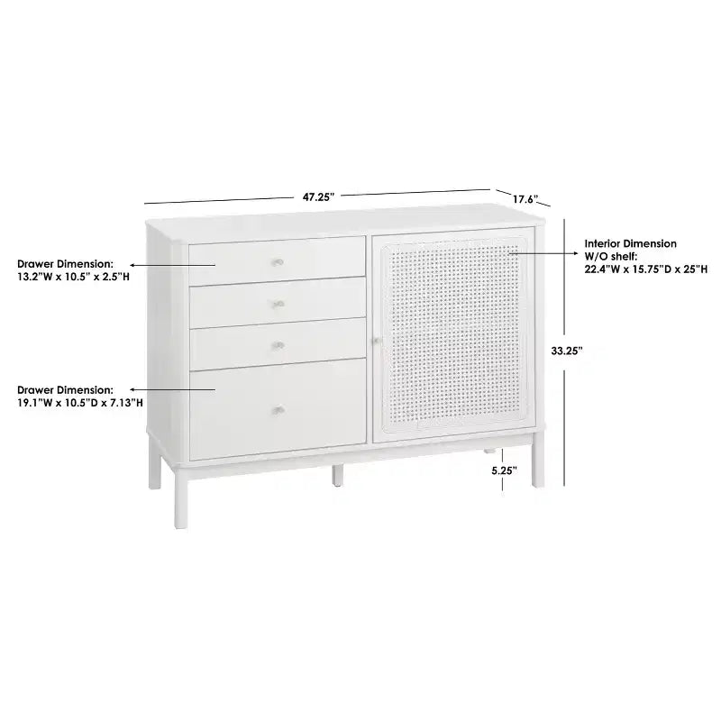 Commode à 4 tiroirs et 1 porte en rotin synthétique Lifestorey Bayview, couleur ivoire