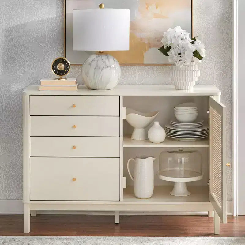 Commode à 4 tiroirs et 1 porte en rotin synthétique Lifestorey Bayview, couleur ivoire