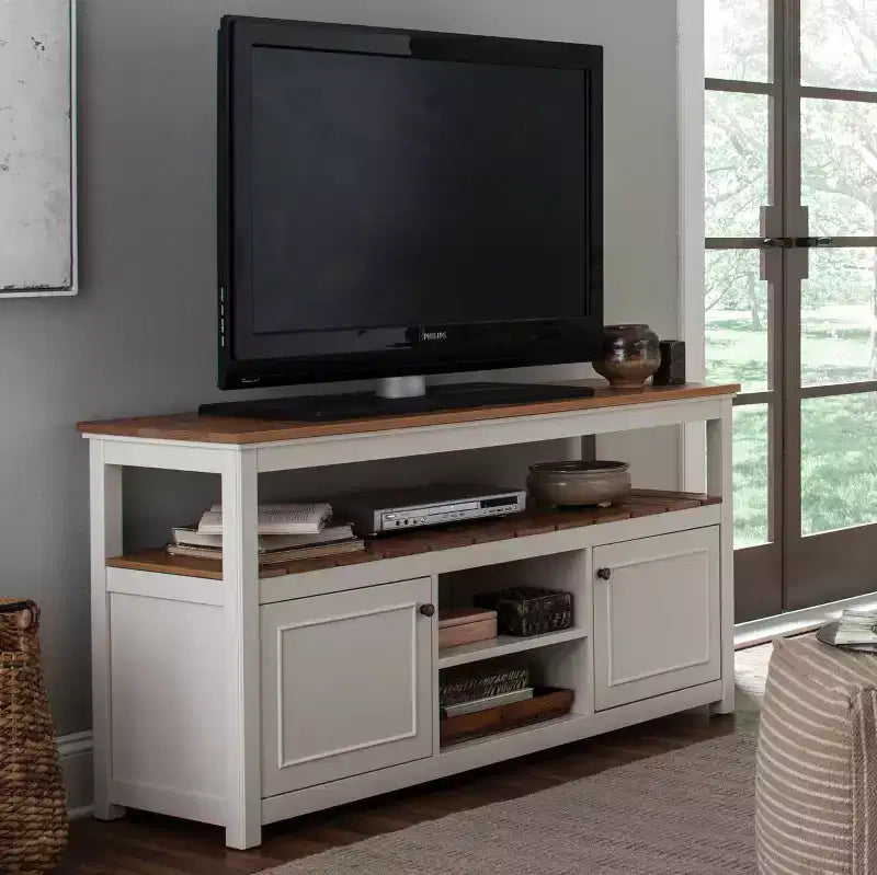 Meuble TV Savannah Cabinet avec plateau en bois naturel pour téléviseurs jusqu'à 64 pouces, coloris ivoire - Alaterre Furniture