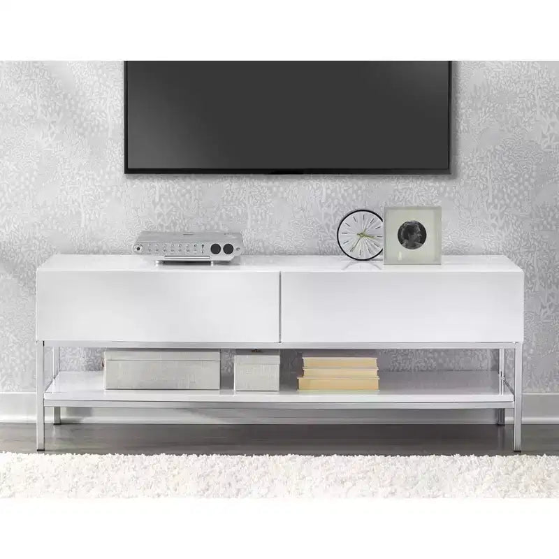 Meuble TV moderne Buylateral Lewis pour téléviseurs jusqu'à 60" blanc : Meuble média moderne avec base en métal et tiroir de rangement