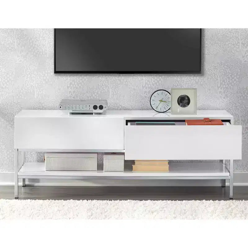 Meuble TV moderne Buylateral Lewis pour téléviseurs jusqu'à 60" blanc : Meuble média moderne avec base en métal et tiroir de rangement