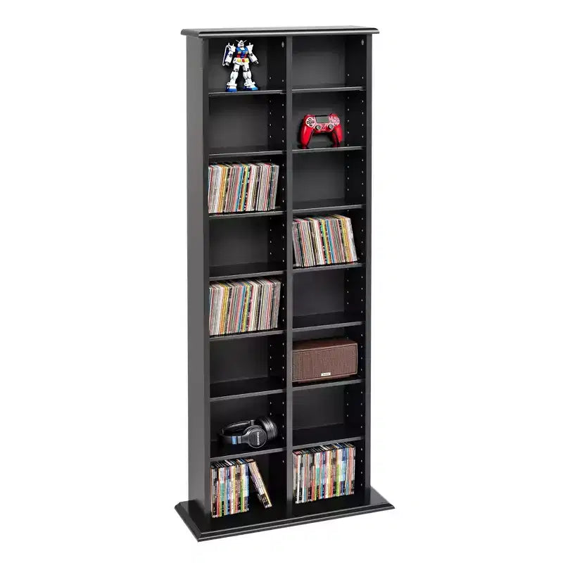 Double Media Storage Tower - Black - Prepac: Holds 320 CDs, 130 DVDs, 14 Adjustable Shelves, Wood Composite