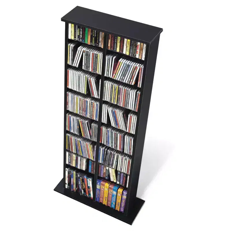 Tour de rangement multimédia double – Noir – Prepac : Peut contenir 320 CD, 130 DVD, 14 tablettes réglables, Bois composite