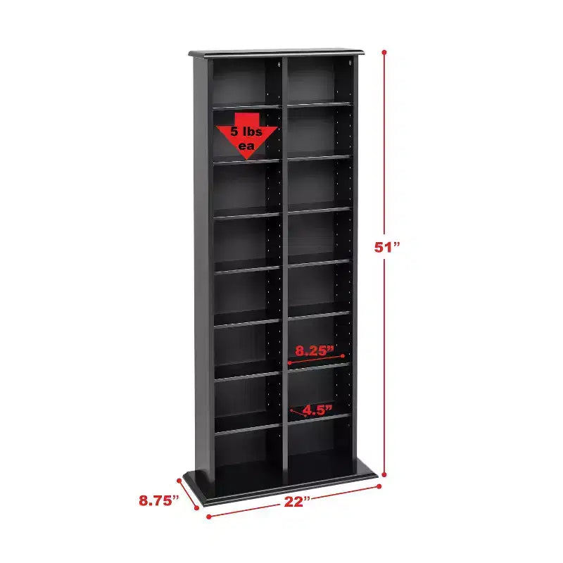 Tour de rangement multimédia double – Noir – Prepac : Peut contenir 320 CD, 130 DVD, 14 tablettes réglables, Bois composite