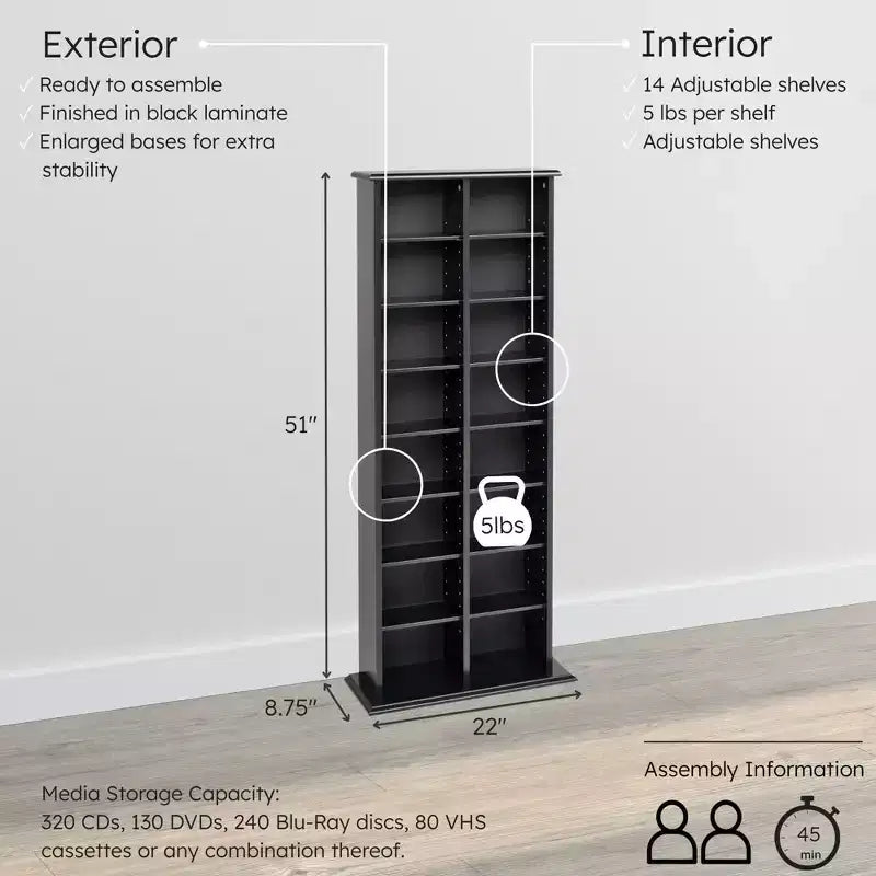 Tour de rangement multimédia double – Noir – Prepac : Peut contenir 320 CD, 130 DVD, 14 tablettes réglables, Bois composite