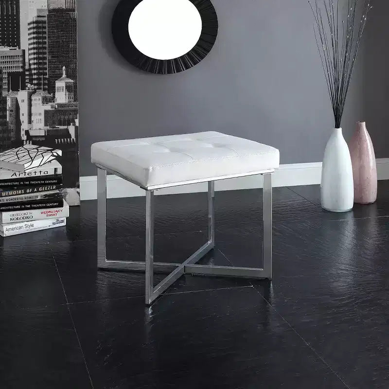 Carolina Living Julia Vanity Bench White/Chrome: Chrome X Base, Padded, Modern Design