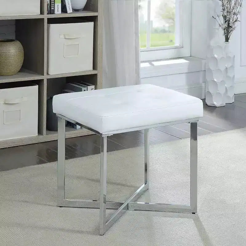Banc de vanité Julia Carolina Living blanc/chrome : piètement chromé en X, rembourré, design moderne