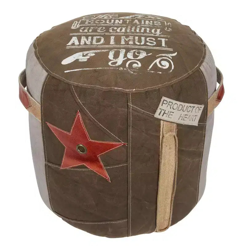 Olivia & May Pouf en toile motif étoile marron : Repose-pieds rond rustique non rembourré, aucun assemblage requis