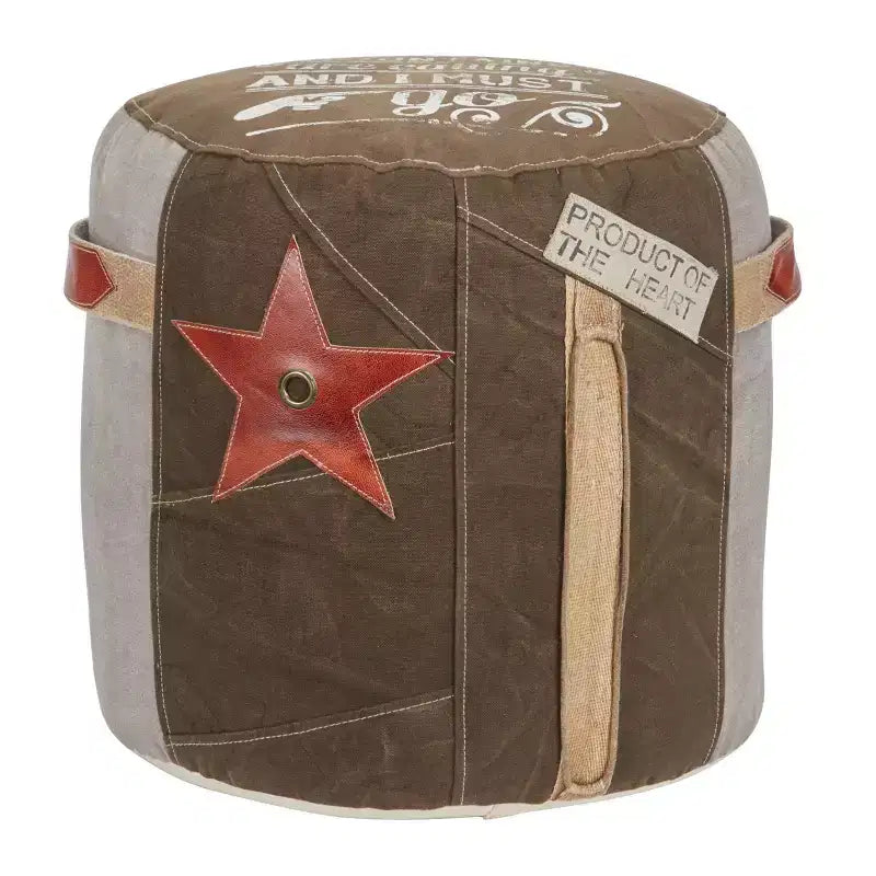 Olivia & May Pouf en toile motif étoile marron : Repose-pieds rond rustique non rembourré, aucun assemblage requis