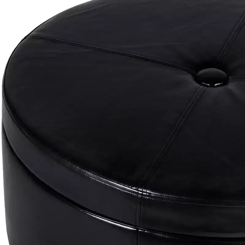 Winston Grand Pouf de Rangement Rond à Bouton en Similicuir Noir - HomePop