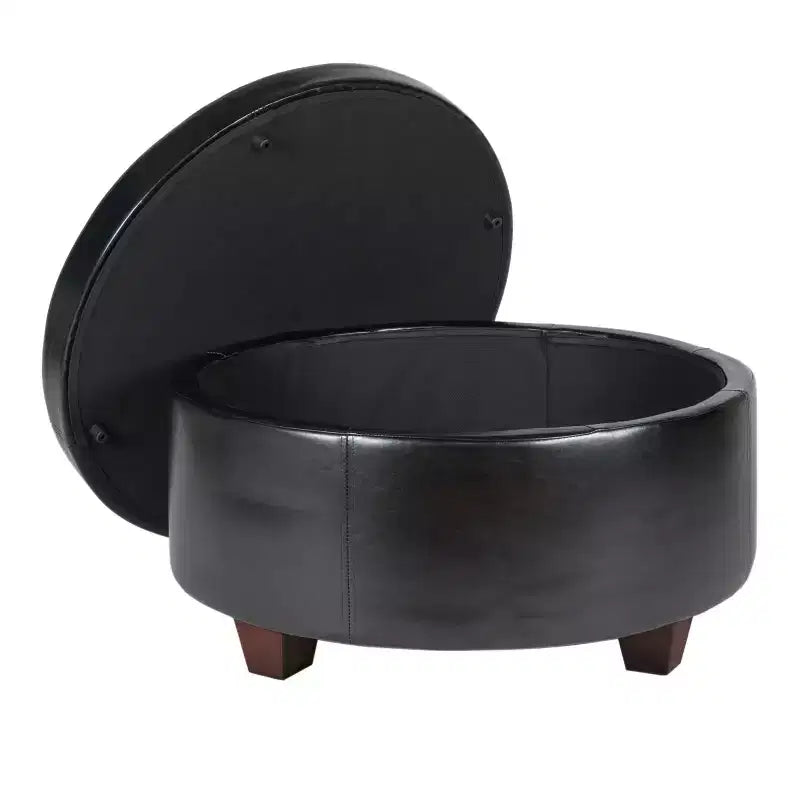 Winston Grand Pouf de Rangement Rond à Bouton en Similicuir Noir - HomePop