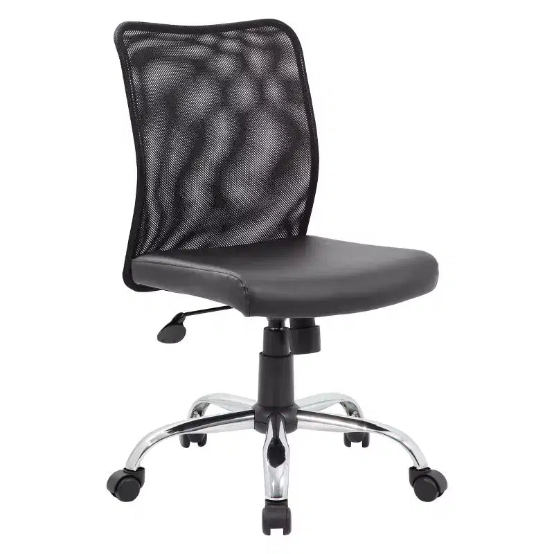 Armless Budget Mesh Task Chair Black - Boss Office Products: Pneumatic Lift, Chrome Base, Vinyl Seat