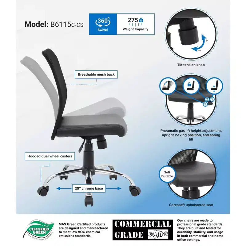 Fauteuil de travail en maille sans accoudoirs, noir - Boss Office Products : Vérin pneumatique, base chromée, assise en vinyle