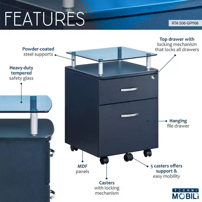 Classeur roulant et verrouillable gris - Techni Mobili : Rangement de bureau sécurisé en MDF, 5 roulettes, tiroirs verrouillables