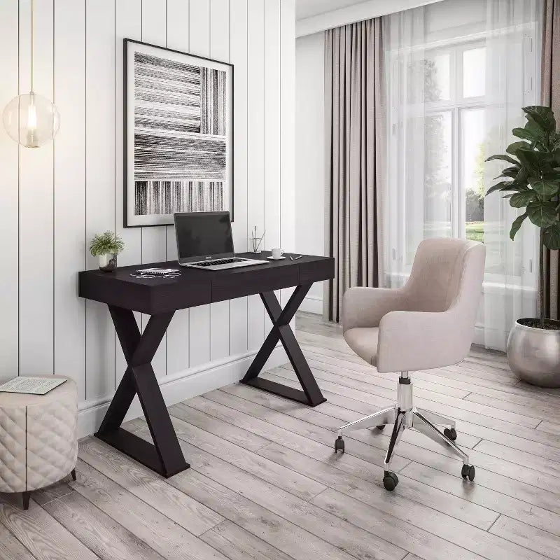 Bureau tendance avec tiroir Espresso - Techni Mobili : Pieds en X, Poste de travail, Surface stratifiée