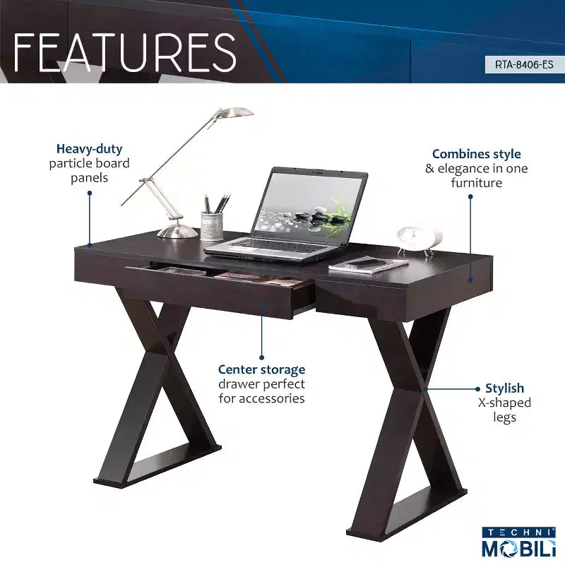 Bureau tendance avec tiroir Espresso - Techni Mobili : Pieds en X, Poste de travail, Surface stratifiée